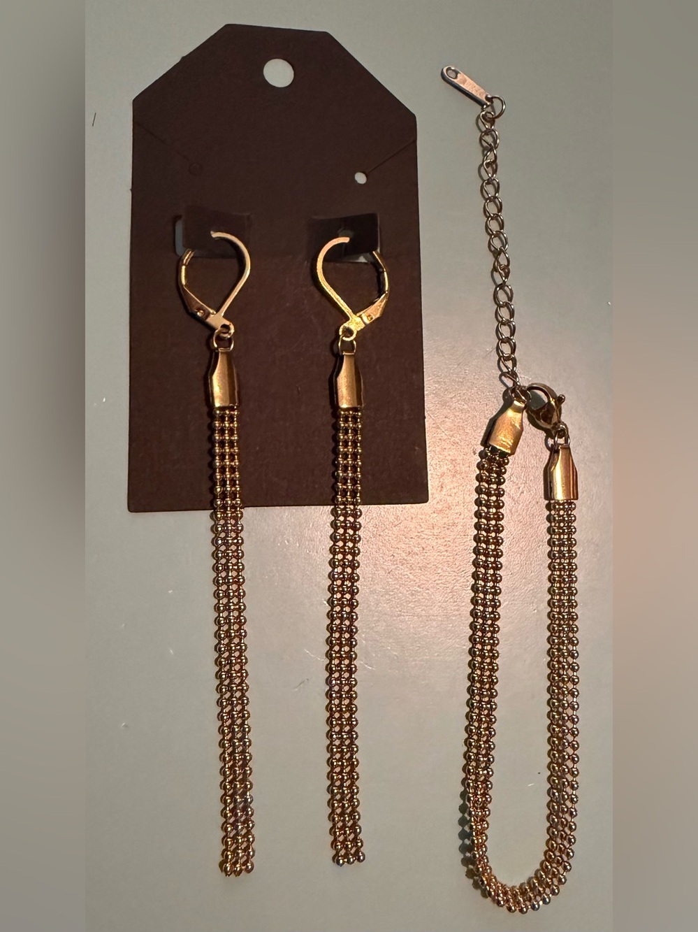 Gold Ball-Bead Chain Tassel Earrings with Matching Bracelet